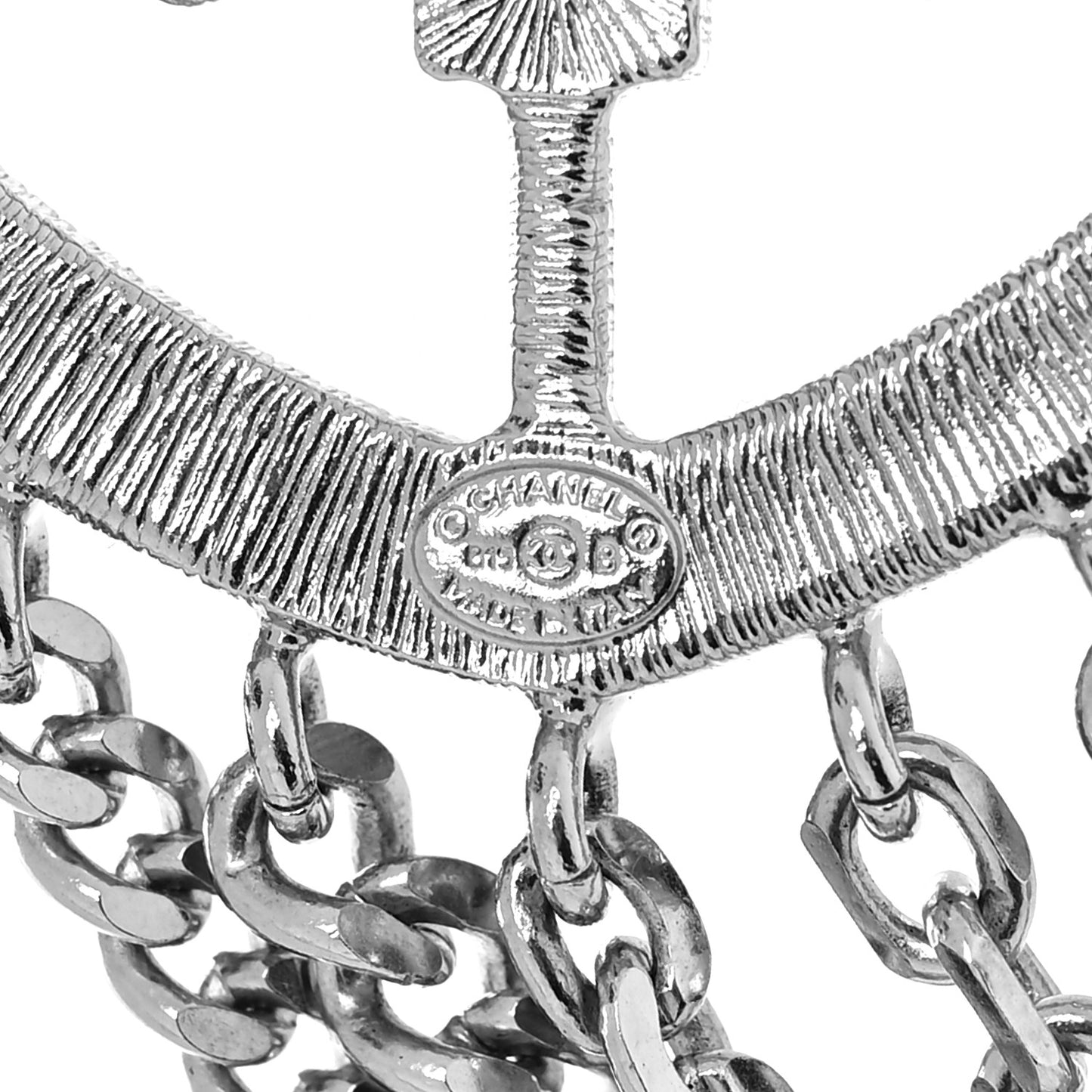 Baguette Crystal CC Shield Multi Strand Long Chain Brooch Silver
