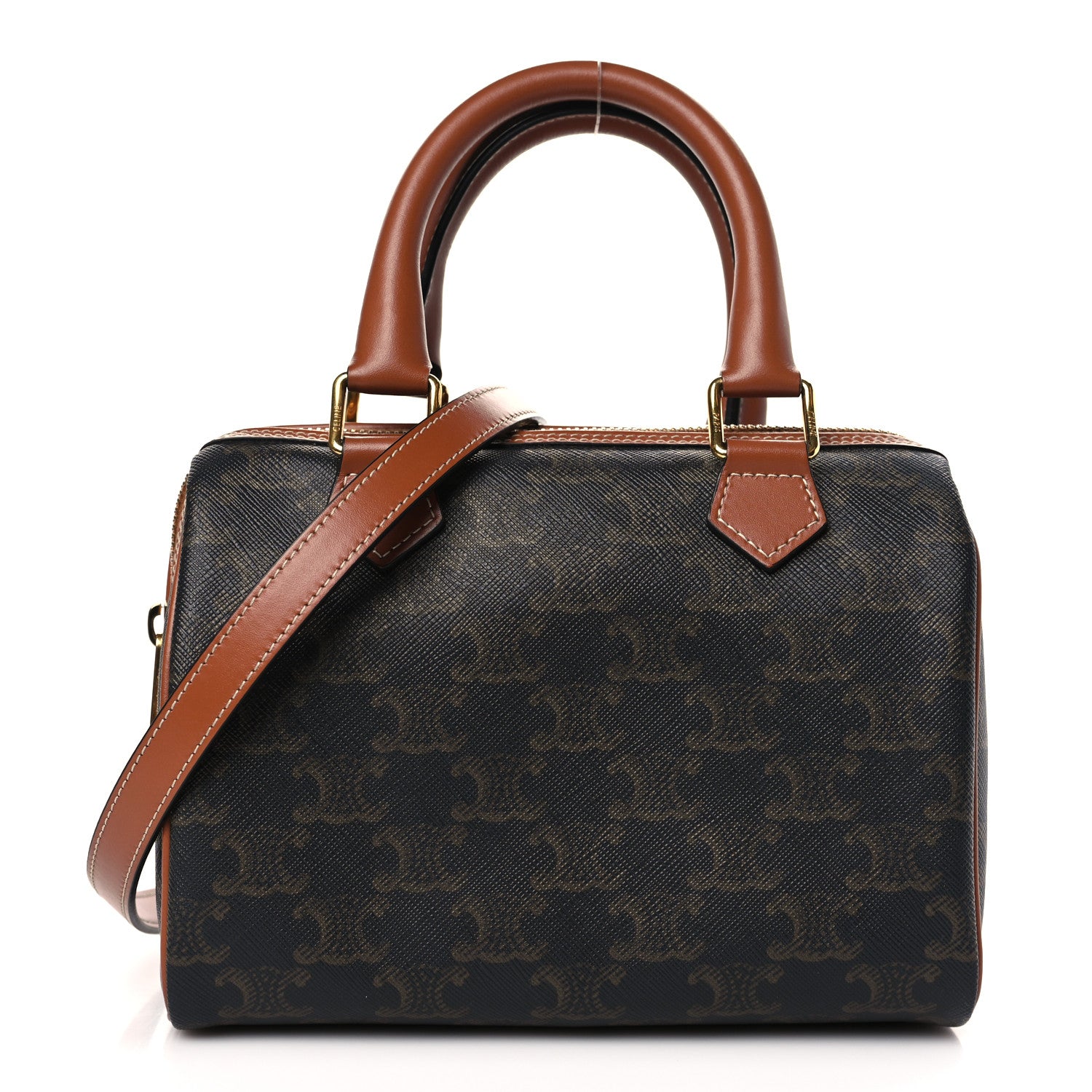 Celine Triomphe Canvas Calfskin Small Boston Bag Tan 1 of 10