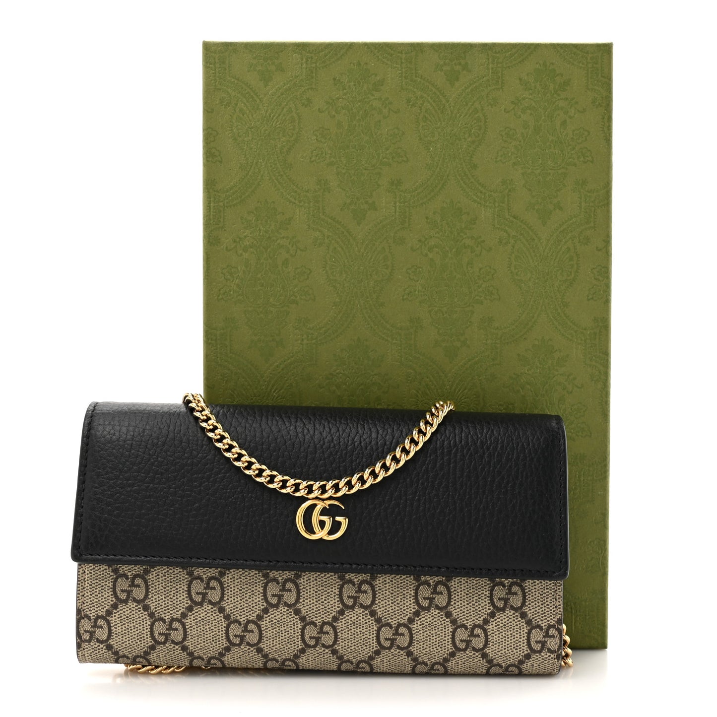Dollar Calfskin GG Supreme Monogram Petite GG Marmont Wallet Chain Bag Black Beige Ebony