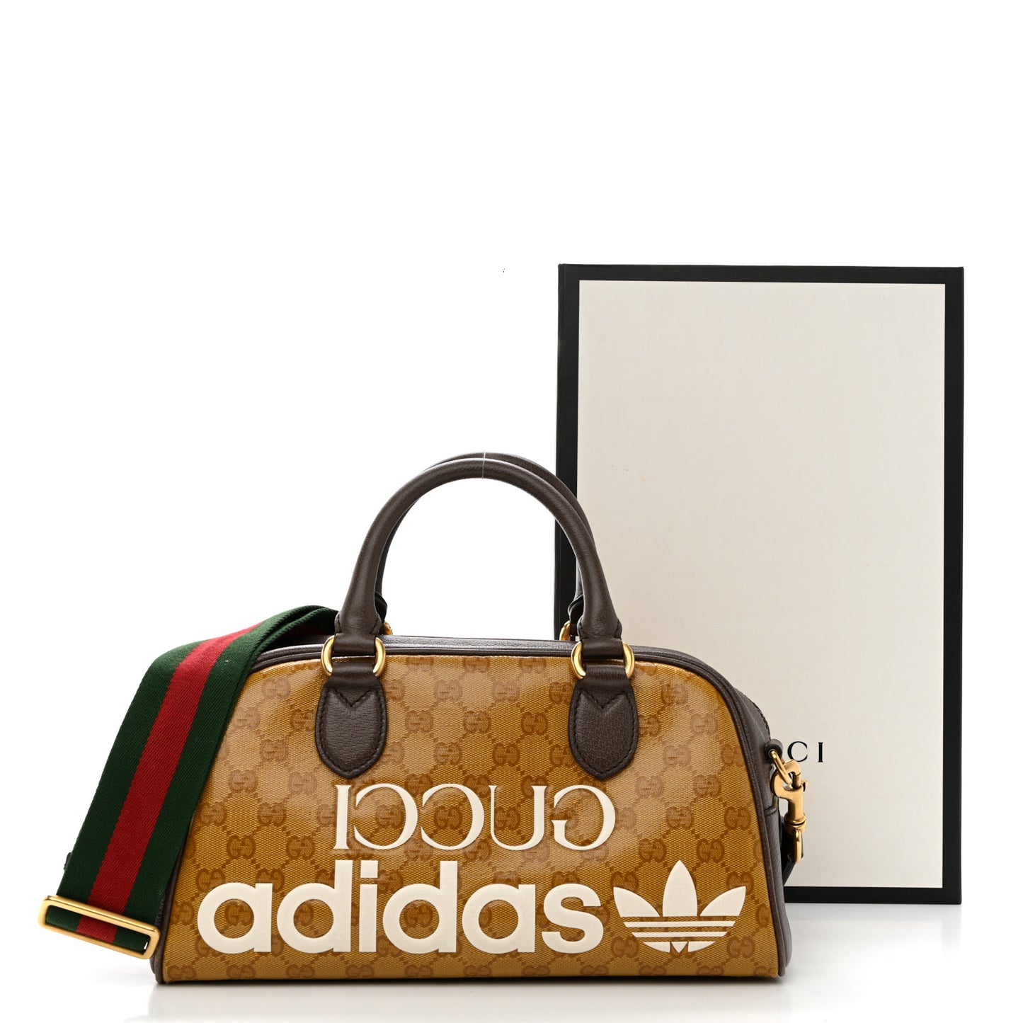 X ADIDAS Crystal Vintage Monogram Textured Dollar Calfskin Web Trefoil Logo Mini Bowling Bag Mid Natural Nut Off White New Acero