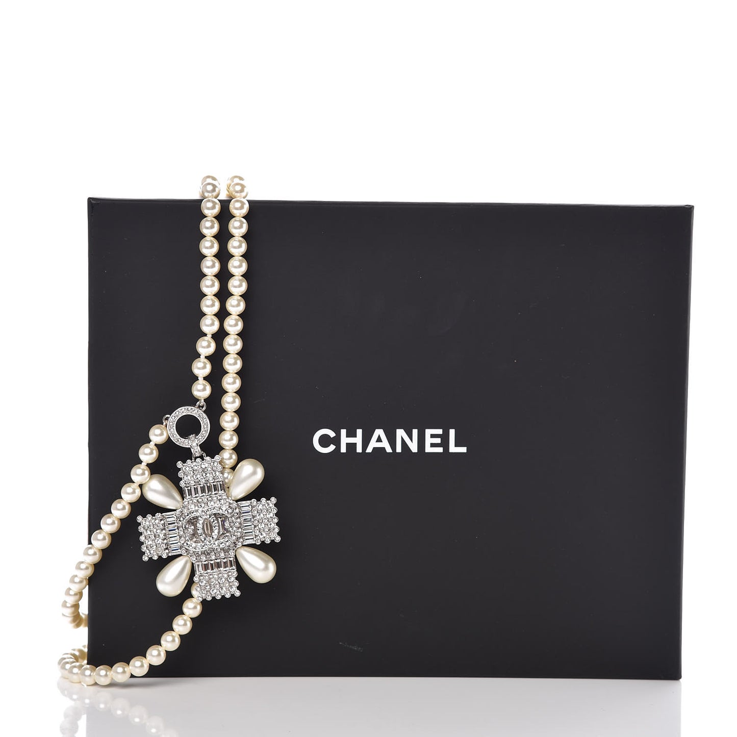 Pearl Crystal Baguette Double Strand CC Necklace Silver