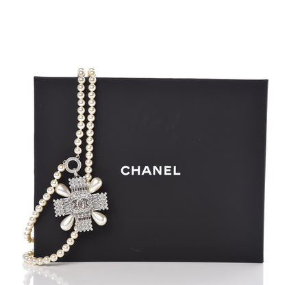 Chanel Pearl Crystal Baguette Double Strand CC Necklace Silver 5 of 5
