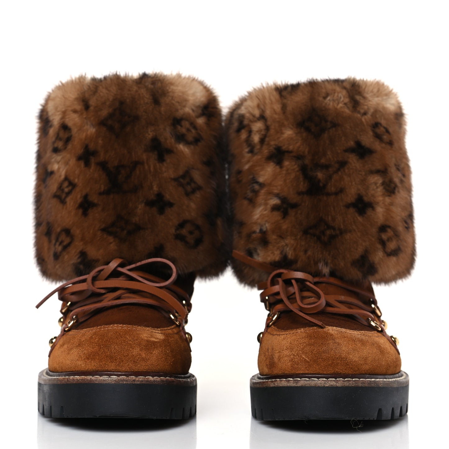 Calfskin Mink Fur LV Territory Ranger Combat Boots 38 Brown