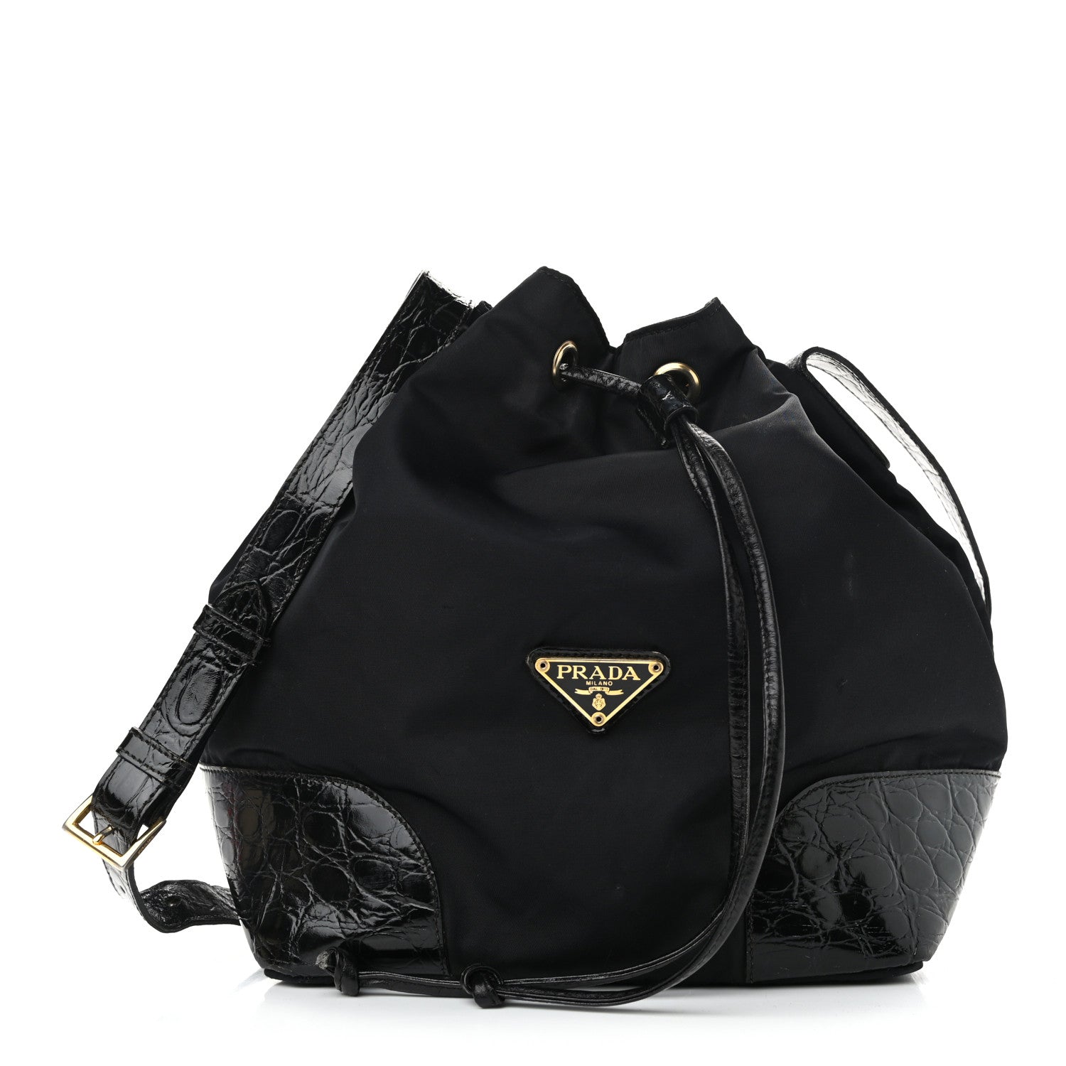 Prada Tessuto Nylon Crocodile Embossed Calfskin Bucket Bag Black 1 of 12