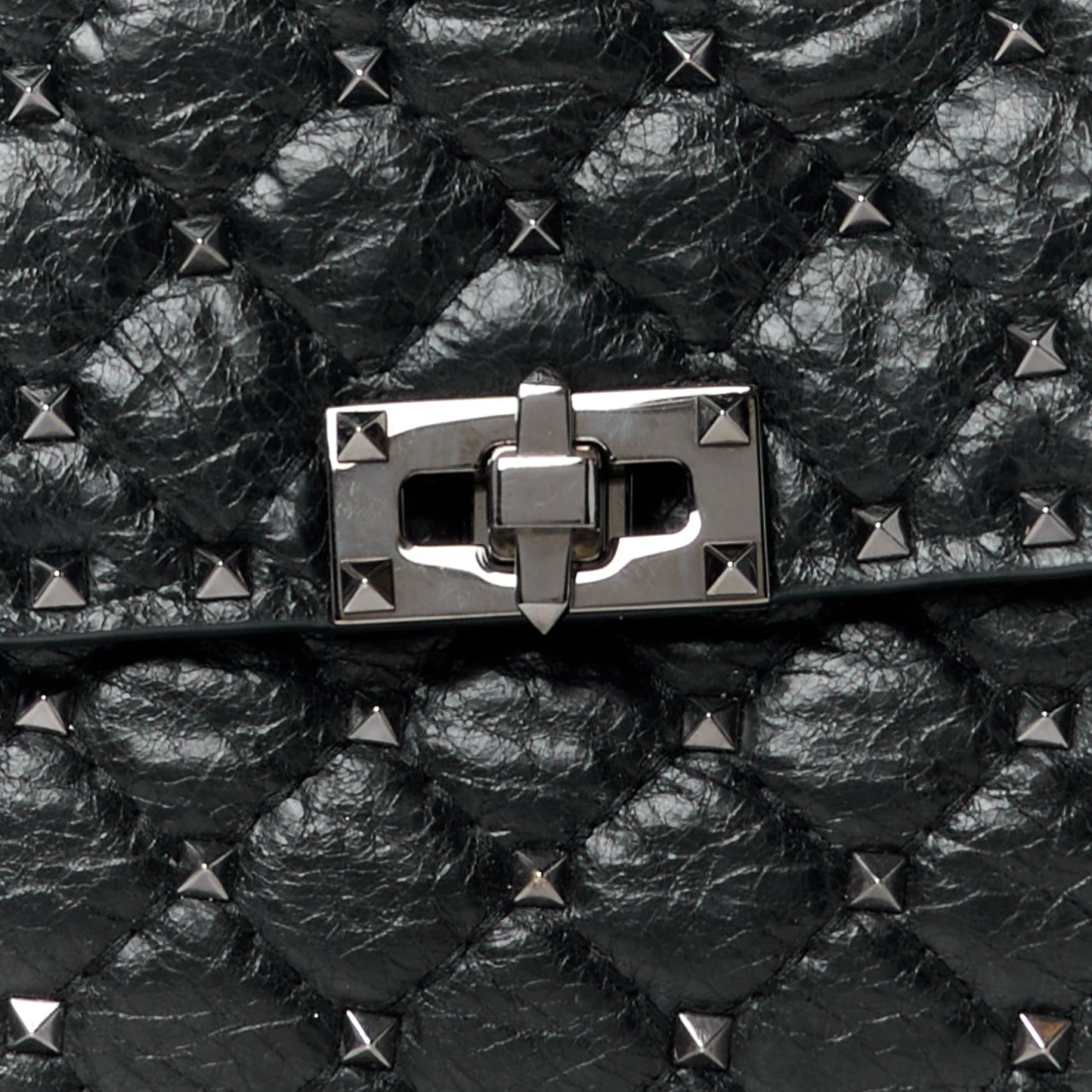 Craquele Nappa Large Rockstud Spike Shoulder Bag Black