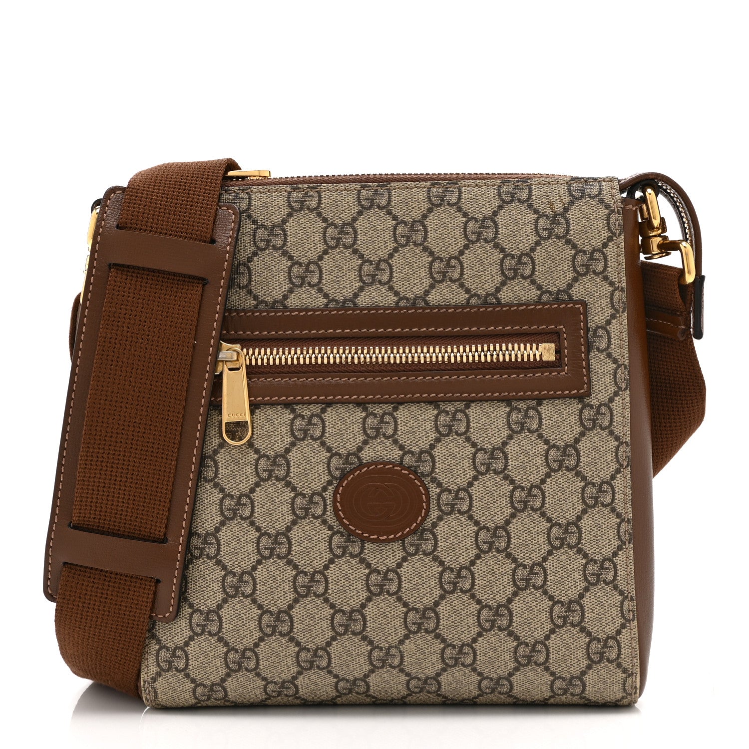 Gucci GG Supreme Monogram Azalea Calfskin Retro Interlocking G Flat Messenger Bag Beige Ebony Brown Sugar 1 of 11
