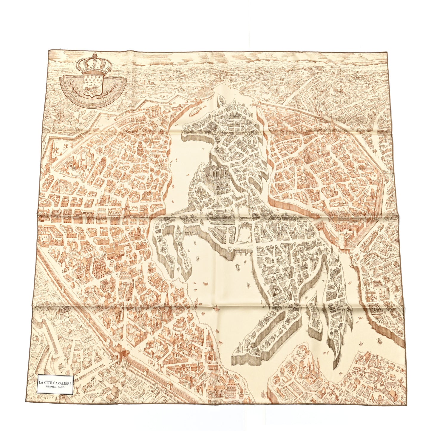 Silk Twill La Cite Cavaliere Scarf 90 Creme Camel Tabac