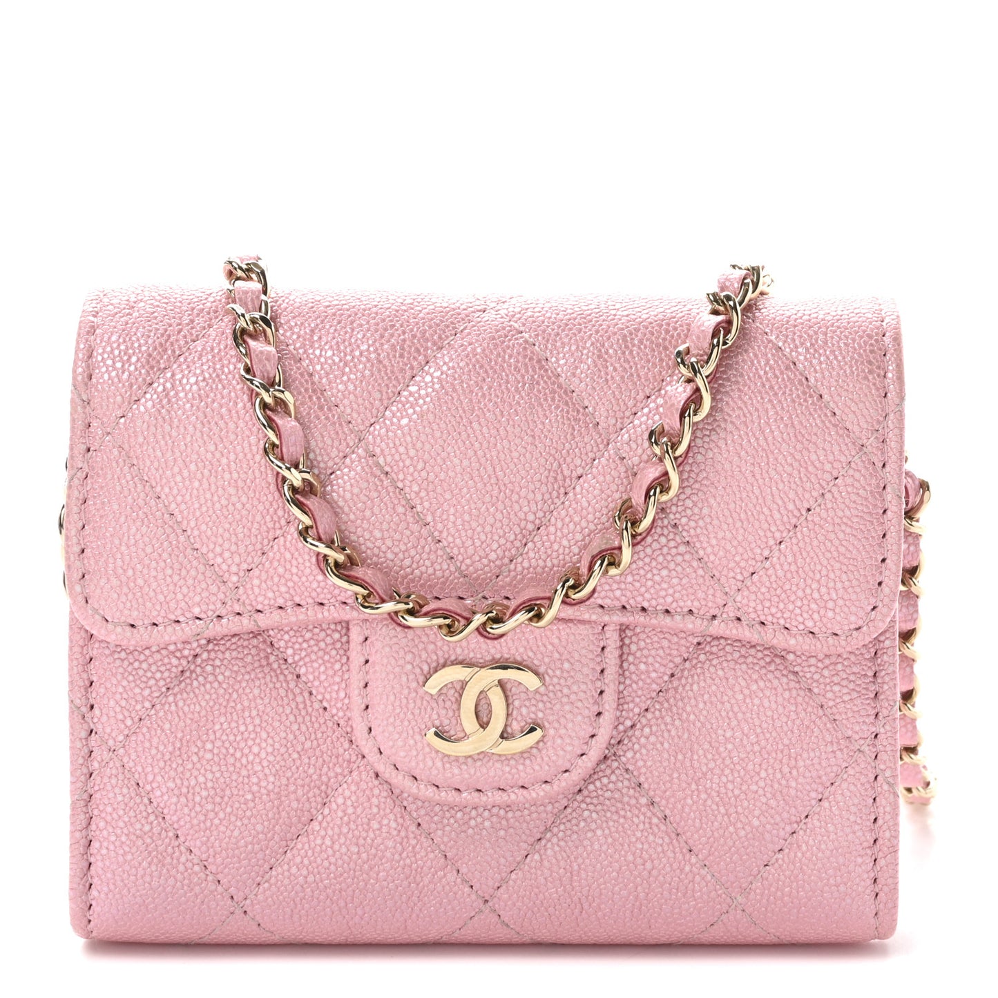 Iridescent Caviar Quilted Flap Card Holder On Chain Pink