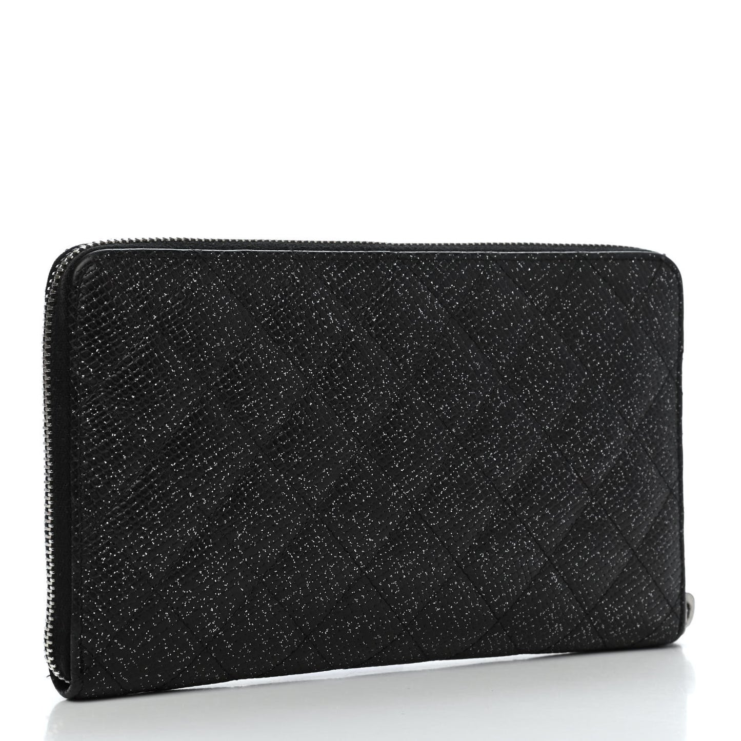 Glittered Calfskin Quilted Large Gusset Zip Wallet Black