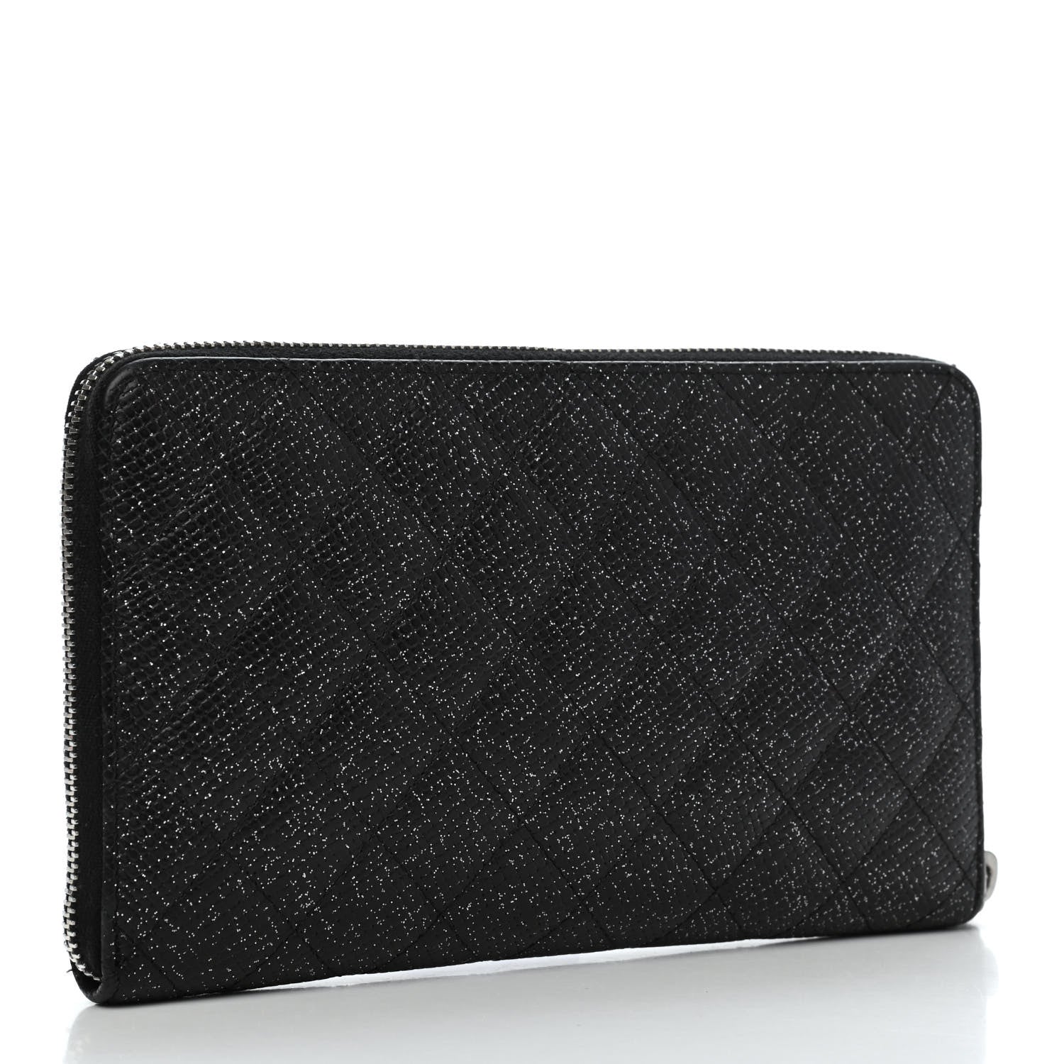 Chanel Glittered Calfskin Quilted Large Gusset Zip Wallet Black 3 of 12