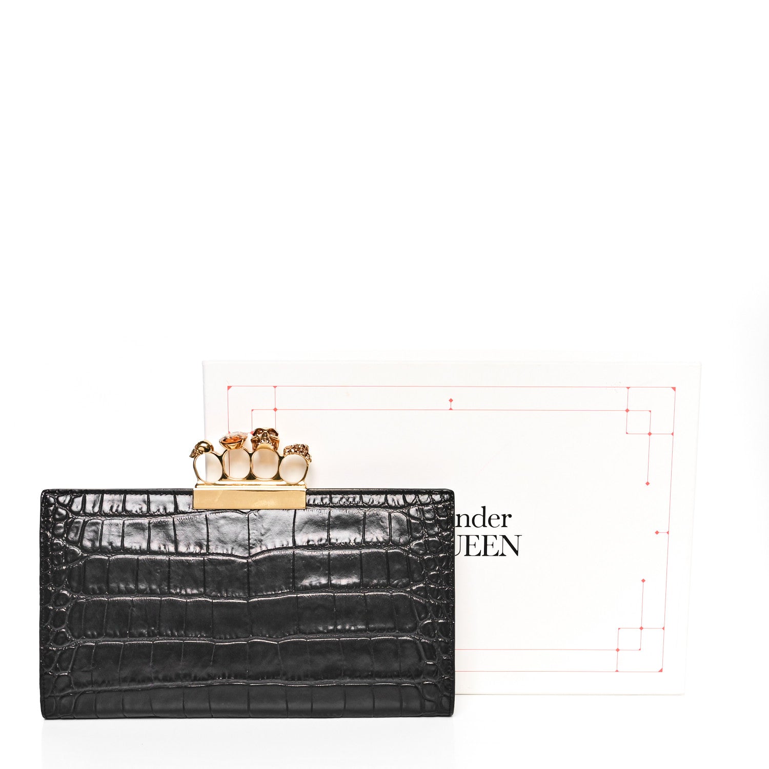 Alexander McQueen Calfskin Crocodile Embossed Knuckle Flat Clutch Black Gold 10 of 10