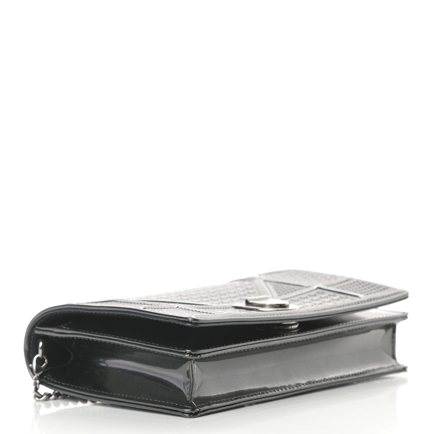 Metallic Patent Micro-Cannage Diorama Wallet on Chain Pouch Onyx Black