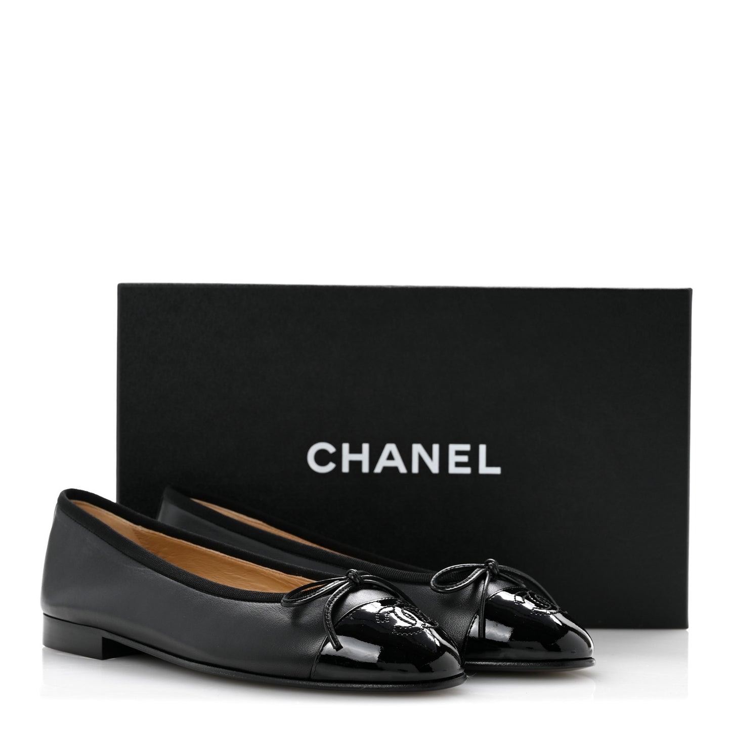 Lambskin Patent Cap Toe Ballerina Flats 36 Black