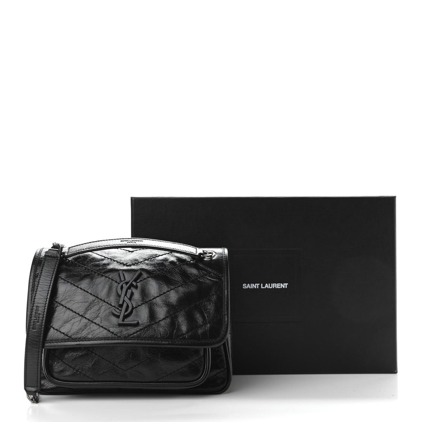 Crinkled Calfskin Matelasse Monogram Baby Niki Chain Satchel Black