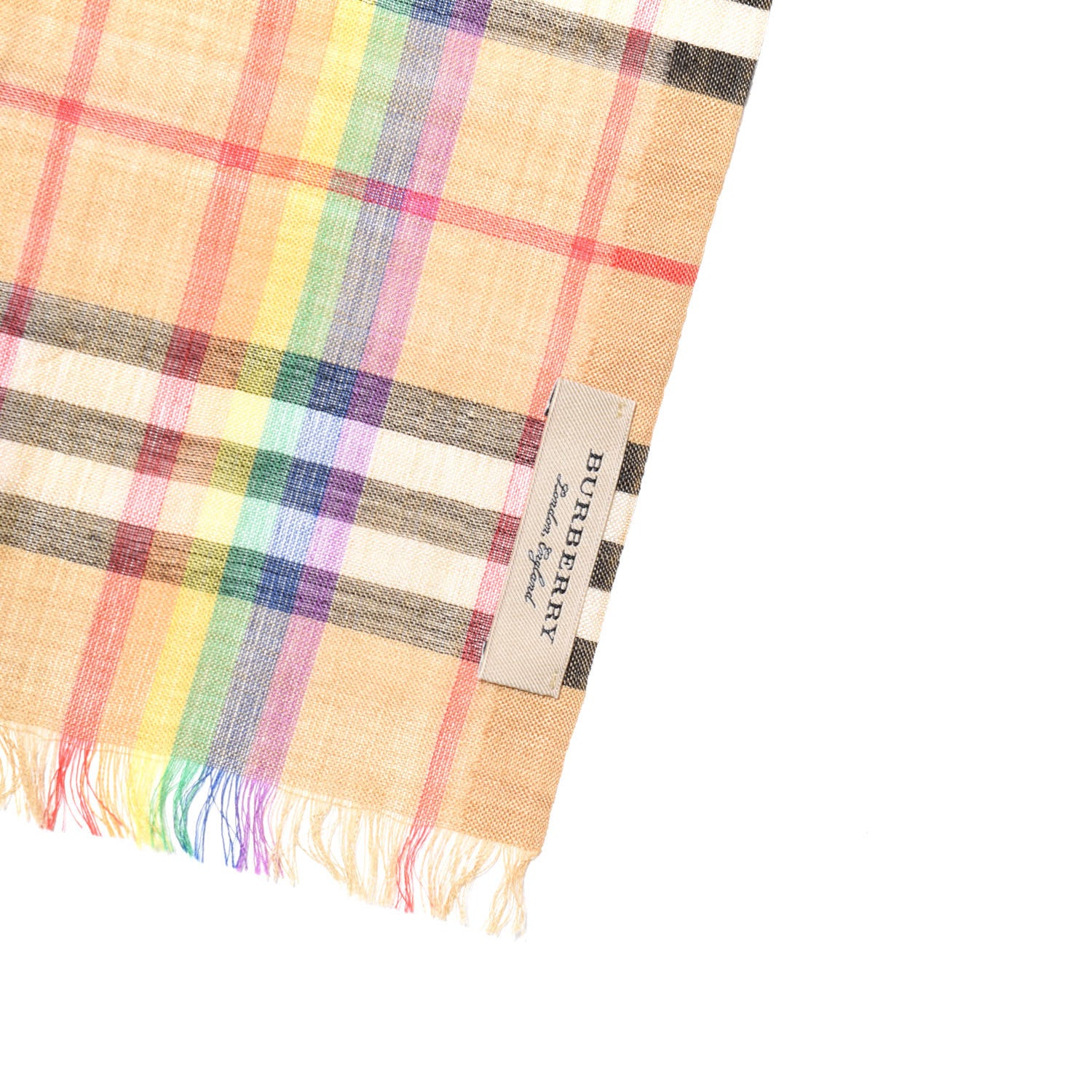 Burberry Wool Silk Vintage Rainbow Check Fringe Scarf Antique Yellow 3 of 4