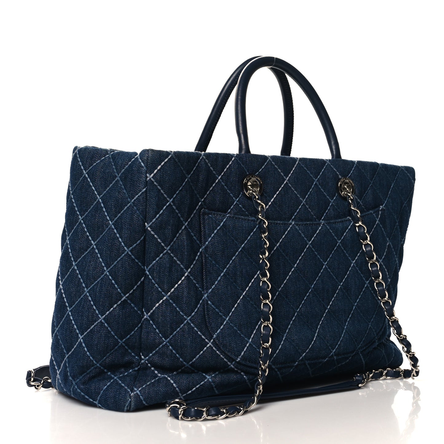 Denim Quilted Large Coco Handle Shopping Tote Blue