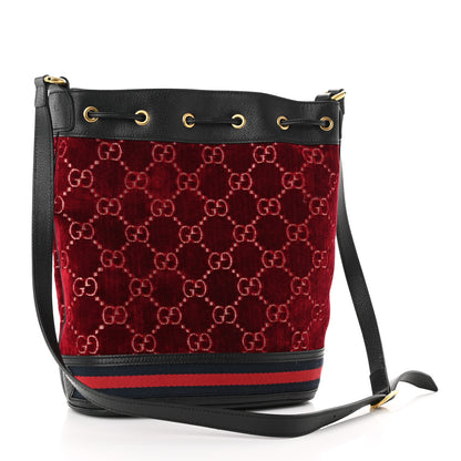 Gucci Velvet GG Monogram Textured Calfskin Web Bucket Bag Red Cipria Black 3 of 10