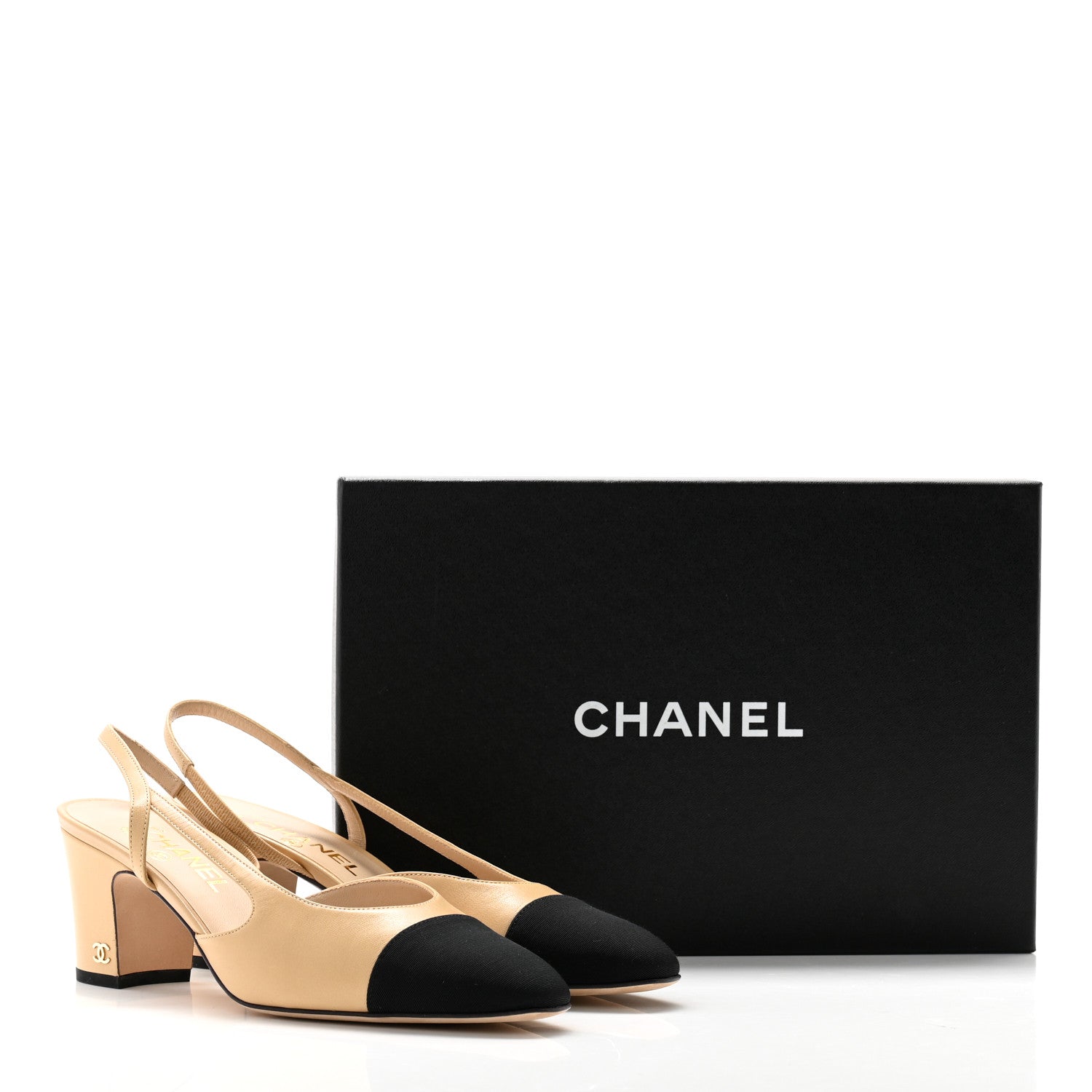 Chanel Goatskin Grosgrain Cap Toe CC Slingback Pumps 39 Beige Black 9 of 9
