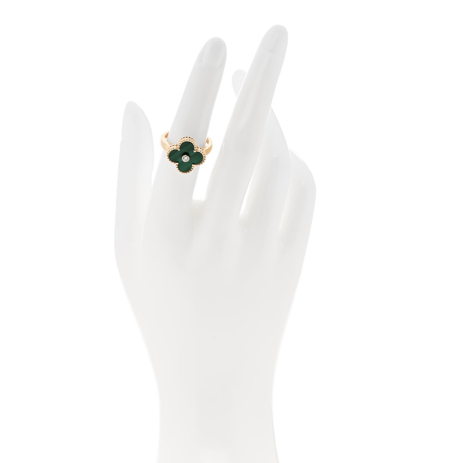 Van Cleef & Arpels 18K Yellow Gold Diamond Malachite Vintage Alhambra Ring 52 6 2 of 6