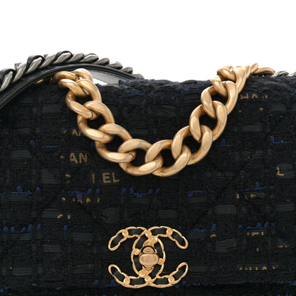Chanel Tweed Quilted Large Chanel 19 Flap Black Navy Gold 8 of 12