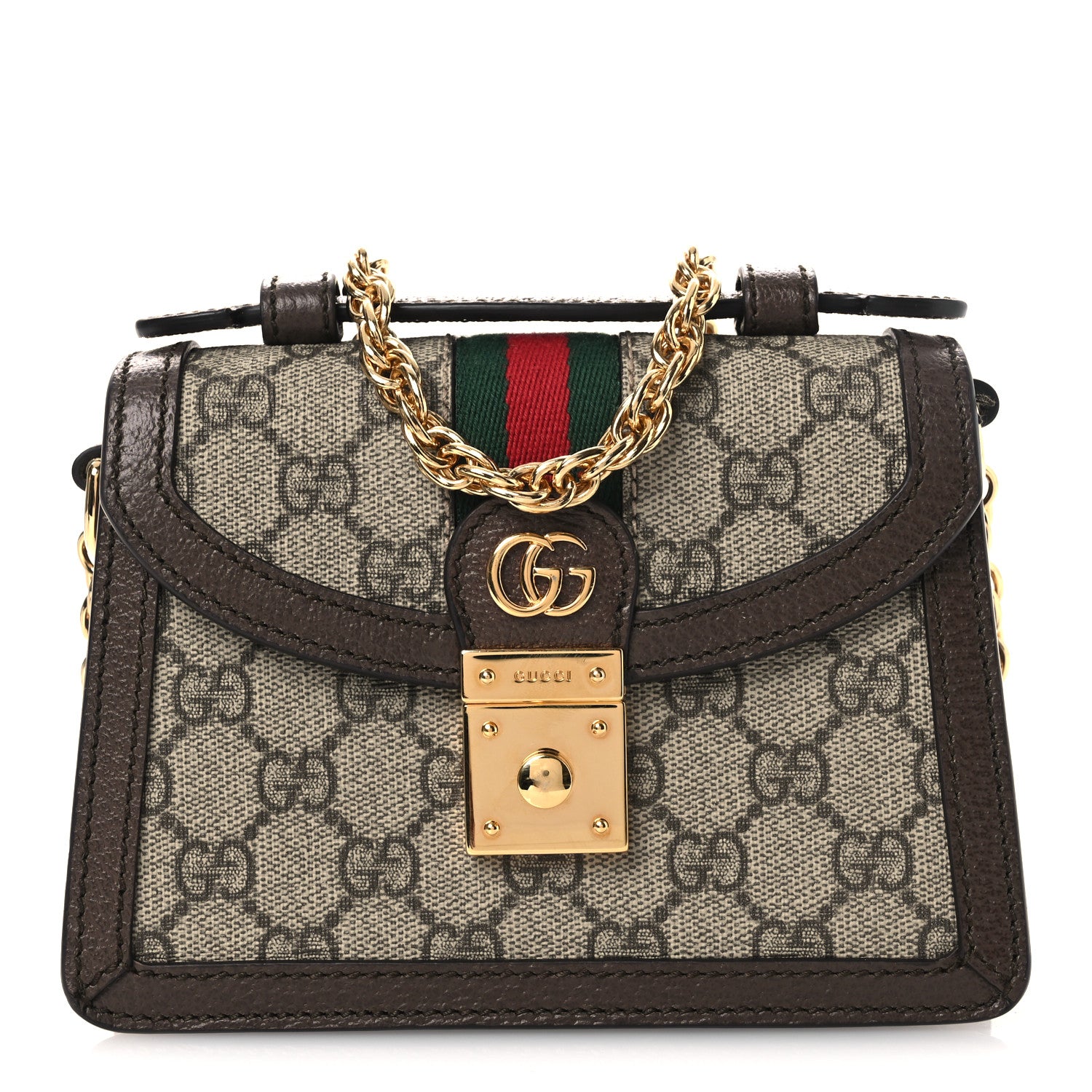 Gucci GG Supreme Monogram Textured Dollar Calfskin Web Mini Ophidia Padlock Top Handle Chain Shoulder Bag Beige Ebony New Acero 1 of 11
