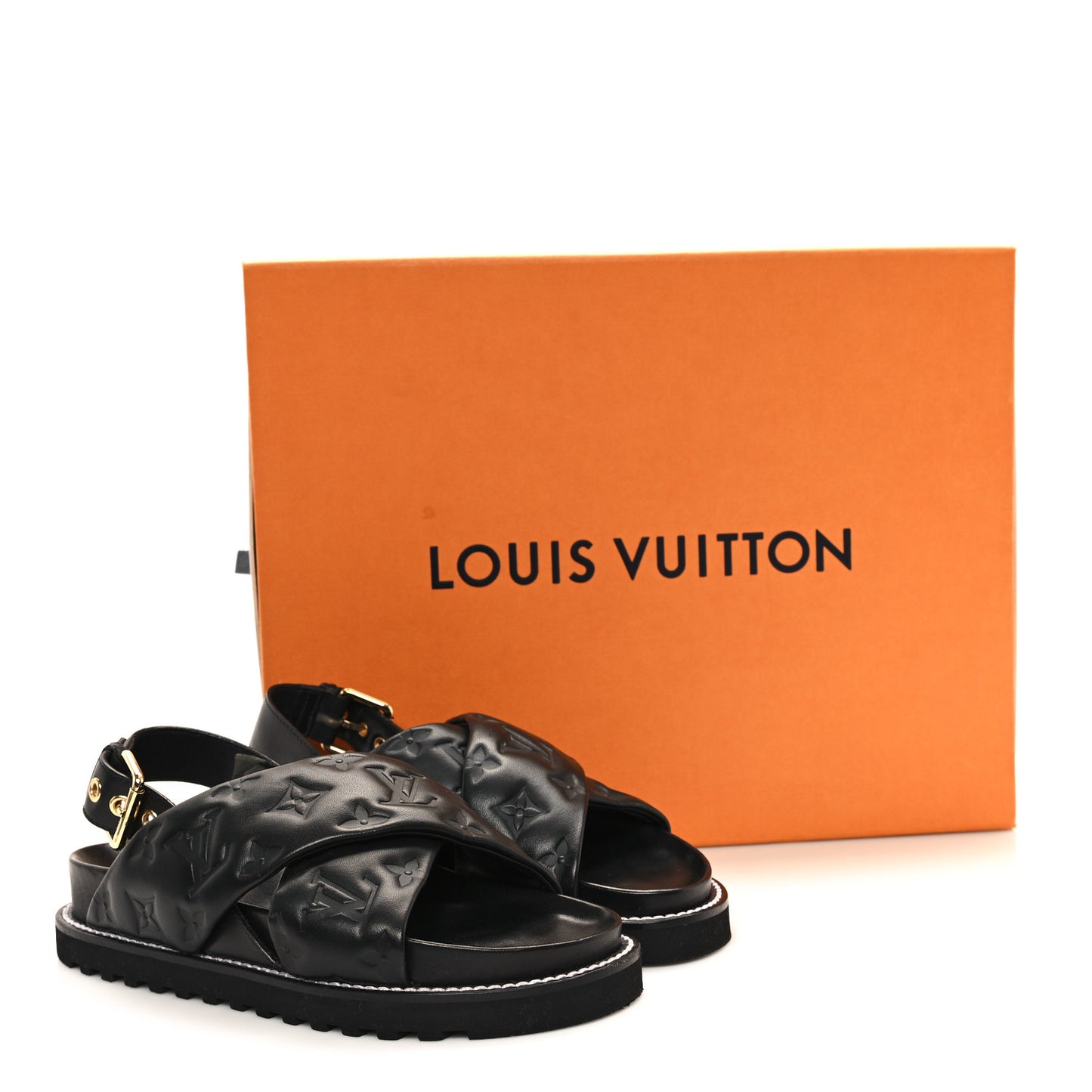 Lambskin Monogram Embossed Paseo Flat Comfort Sandals 36 Black