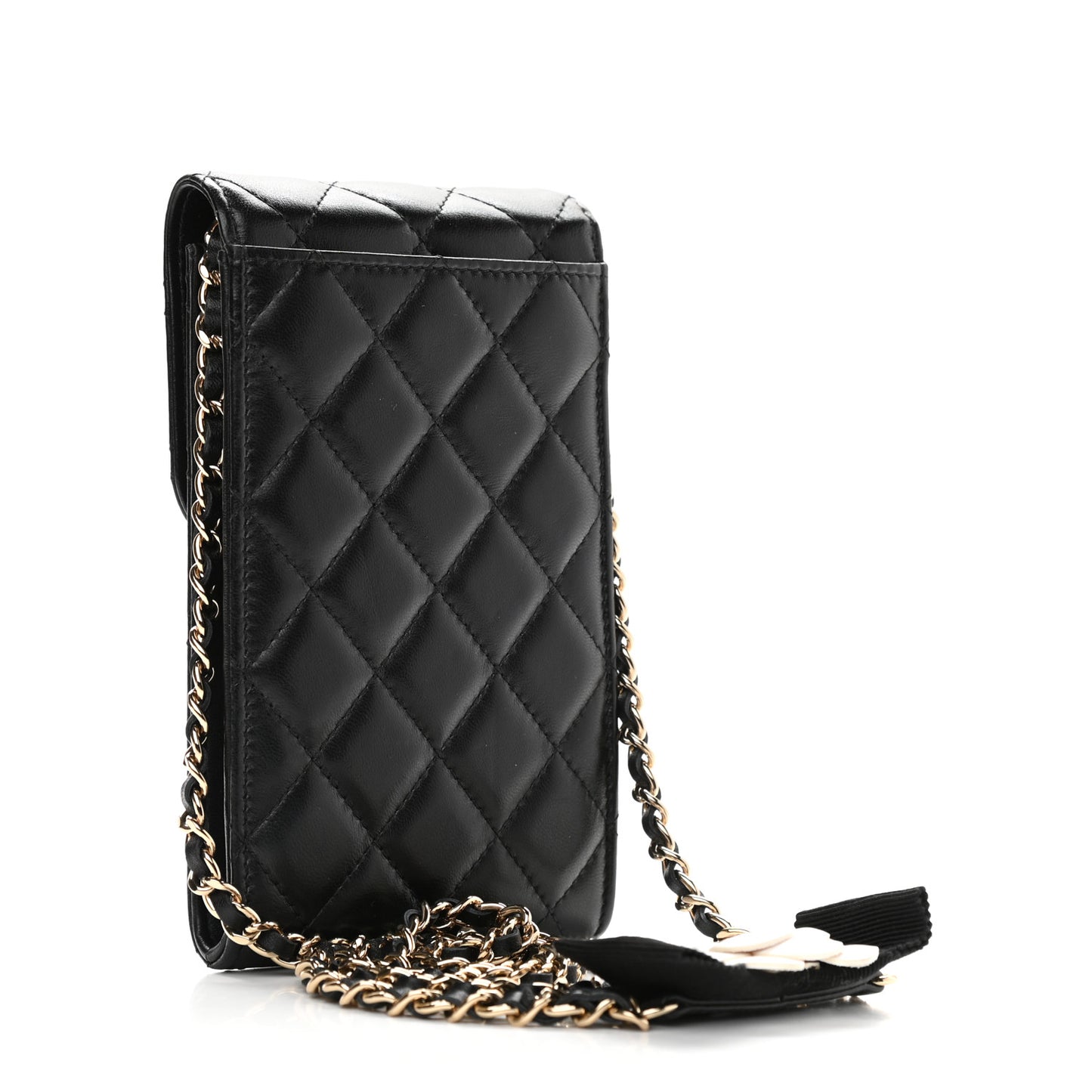 Lambskin Quilted Mini Camellia Bow Phone Holder Black