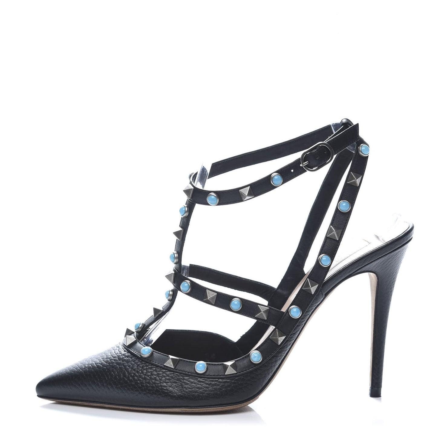 Pebbled Calfskin Turquoise Rockstud Rolling Ankle Strap 100mm Pumps 40.5 Black