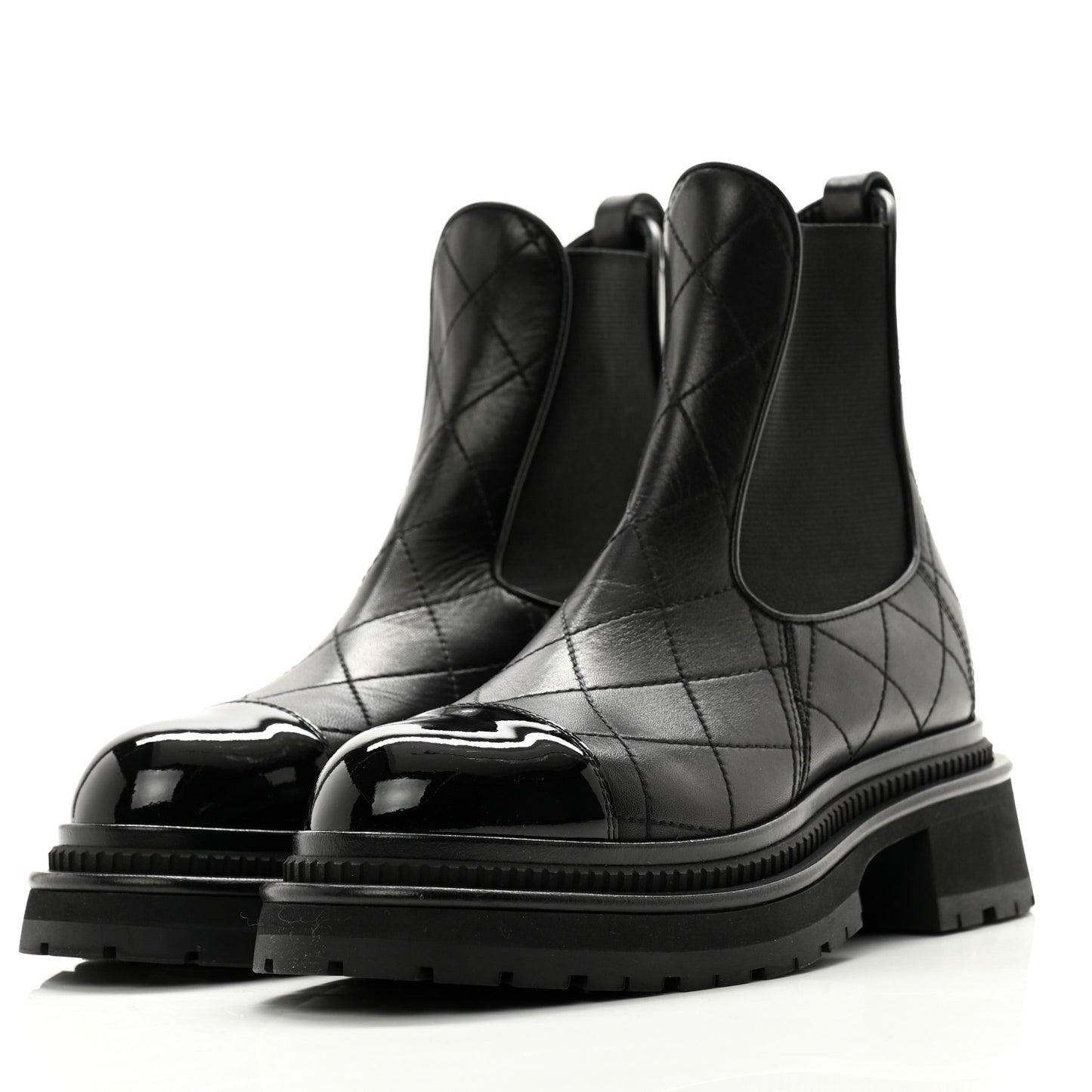 Calfskin Patent Cap Toe Quilted Short Boots 36 Black