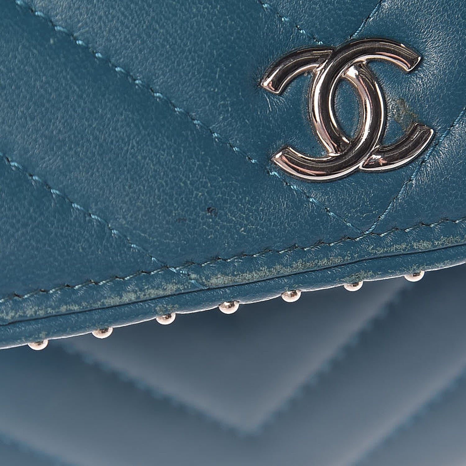 Chanel Lambskin Chevron Quilted Studded Compact Flap Wallet Blue 13 of 14
