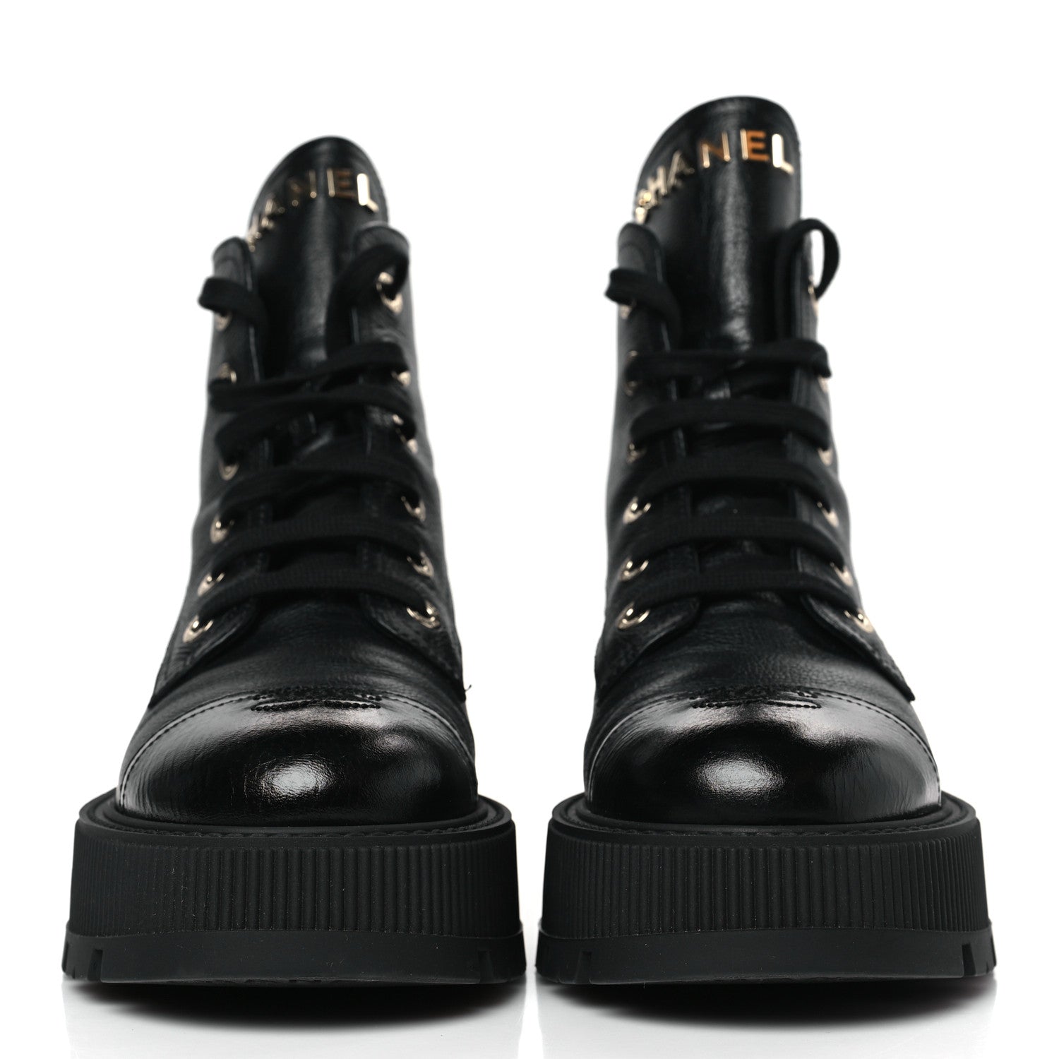 Chanel Calfskin CC Lace Up Combat Boots 39.5 Black 2 of 8
