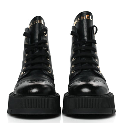 Chanel Calfskin CC Lace Up Combat Boots 39.5 Black 2 of 8
