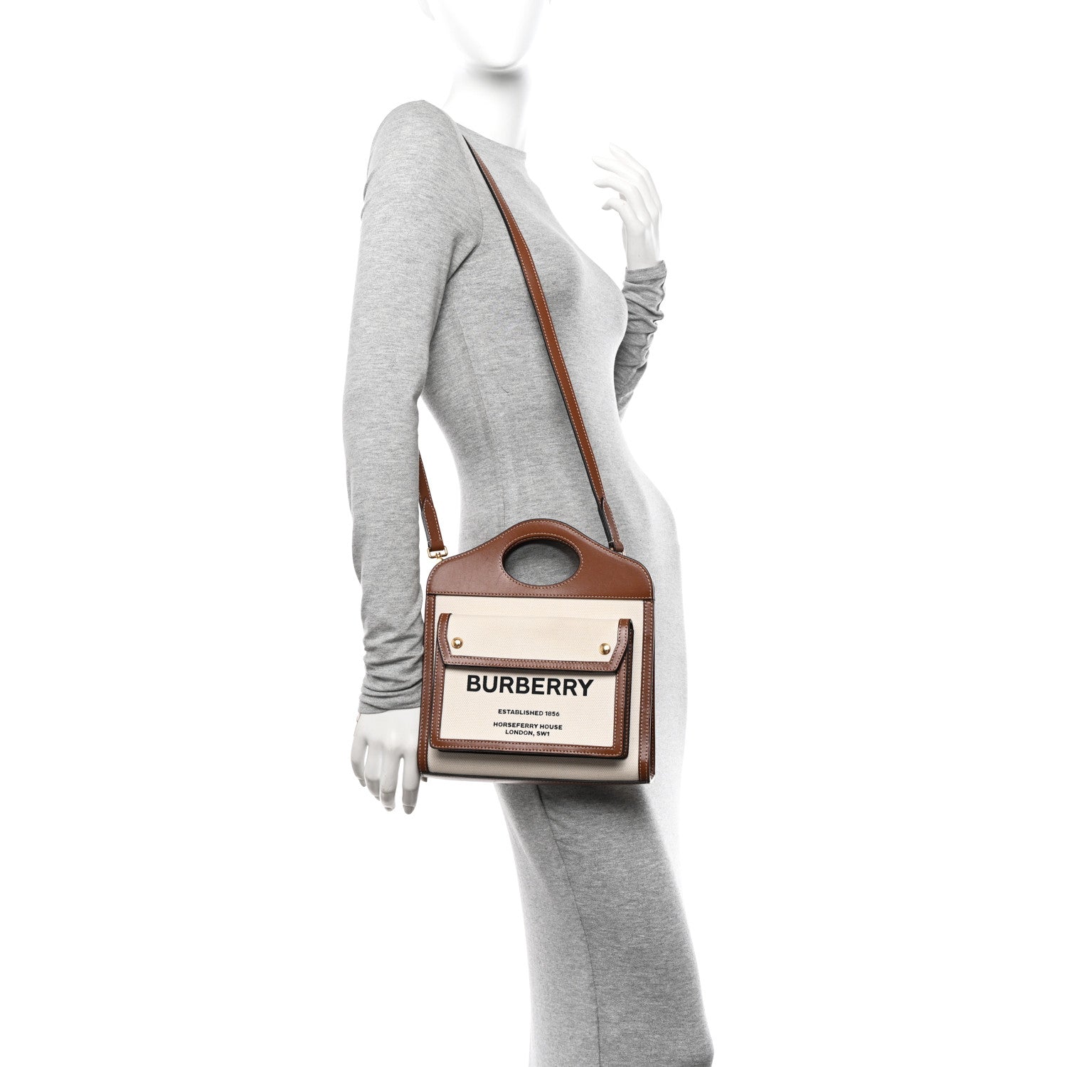 Burberry Canvas Smooth Calfskin Two Tone Mini Pocket Bag Natural Malt Brown 2 of 12