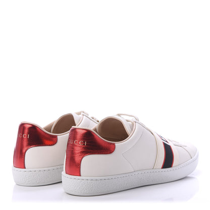 Gucci Calfskin Stripe Womens New Ace Sneakers 38.5 New Mystic White Ecru Red Flame 4 of 9