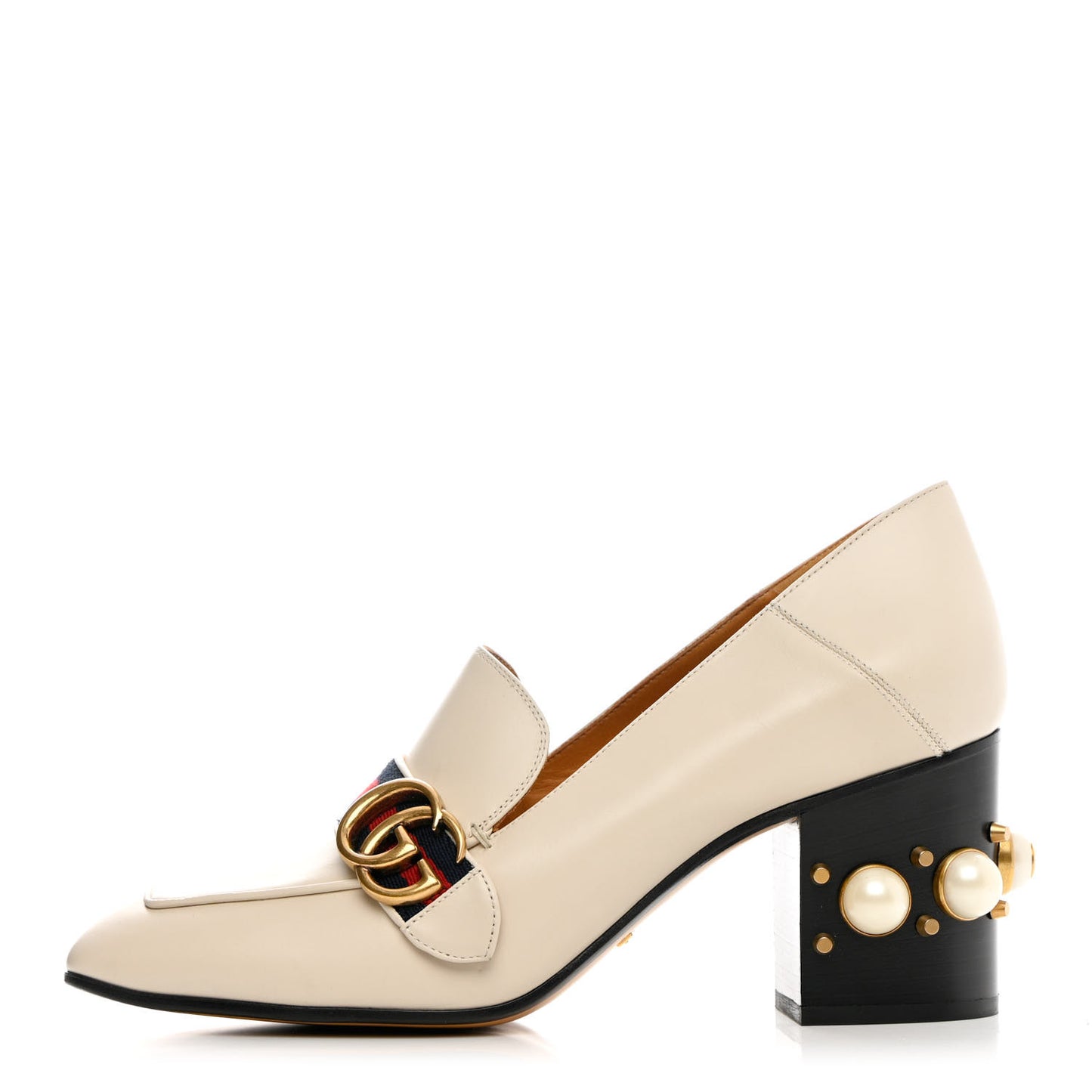 Betis Glamour Calfskin Web Pearl Embellished Peyton 75mm Loafer Pumps 40.5 Mystic White