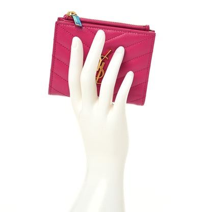 Saint Laurent Grain De Poudre Matelasse Chevron Monogram Zipped Card Case Fresh Fuxia 2 of 6