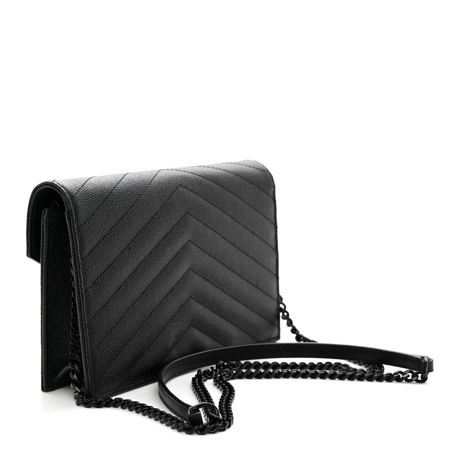 Saint Laurent Grain De Poudre Matelasse Chevron Monogram Monochrome Envelope Chain Wallet Black 3 of 13