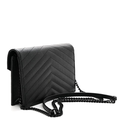 Saint Laurent Grain De Poudre Matelasse Chevron Monogram Monochrome Envelope Chain Wallet Black 3 of 13
