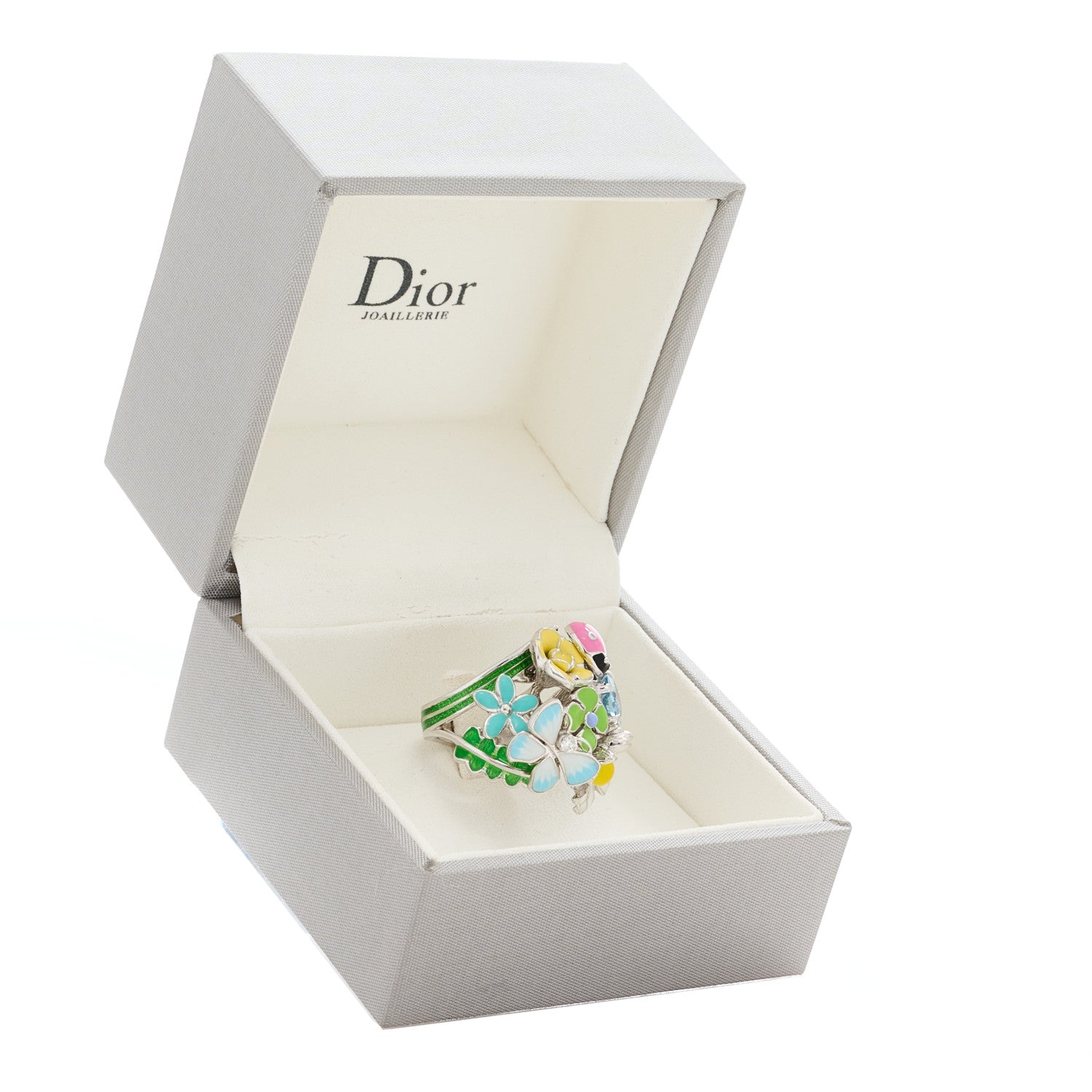 Christian Dior 18K White Gold Diamond Aquamarine Lacquer Medium Diorette Ring 50 5.25 6 of 7