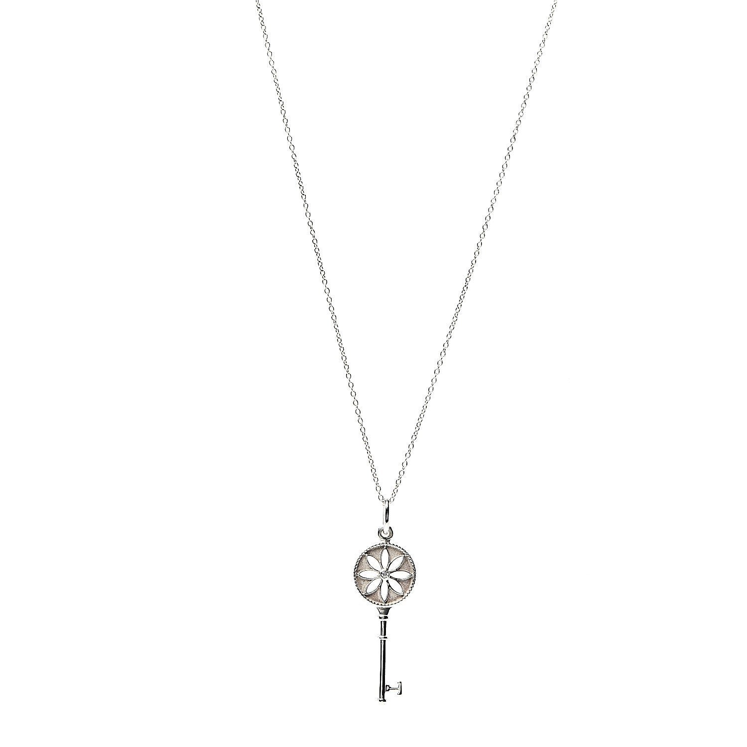 Tiffany Sterling Silver Diamond Small Daisy Key Pendant Necklace 1 of 6