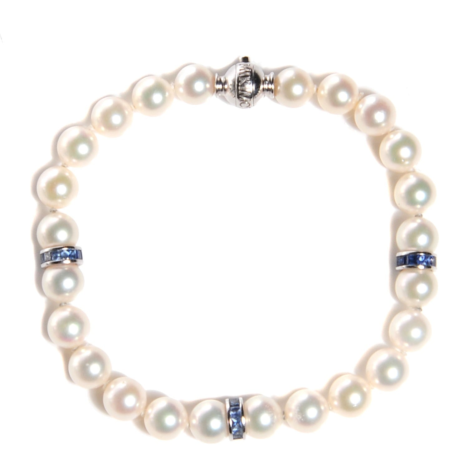 Mikimoto 18K White Gold Akoya Pearl Blue Sapphire 7.5mm Ocean Bracelet 1 of 7
