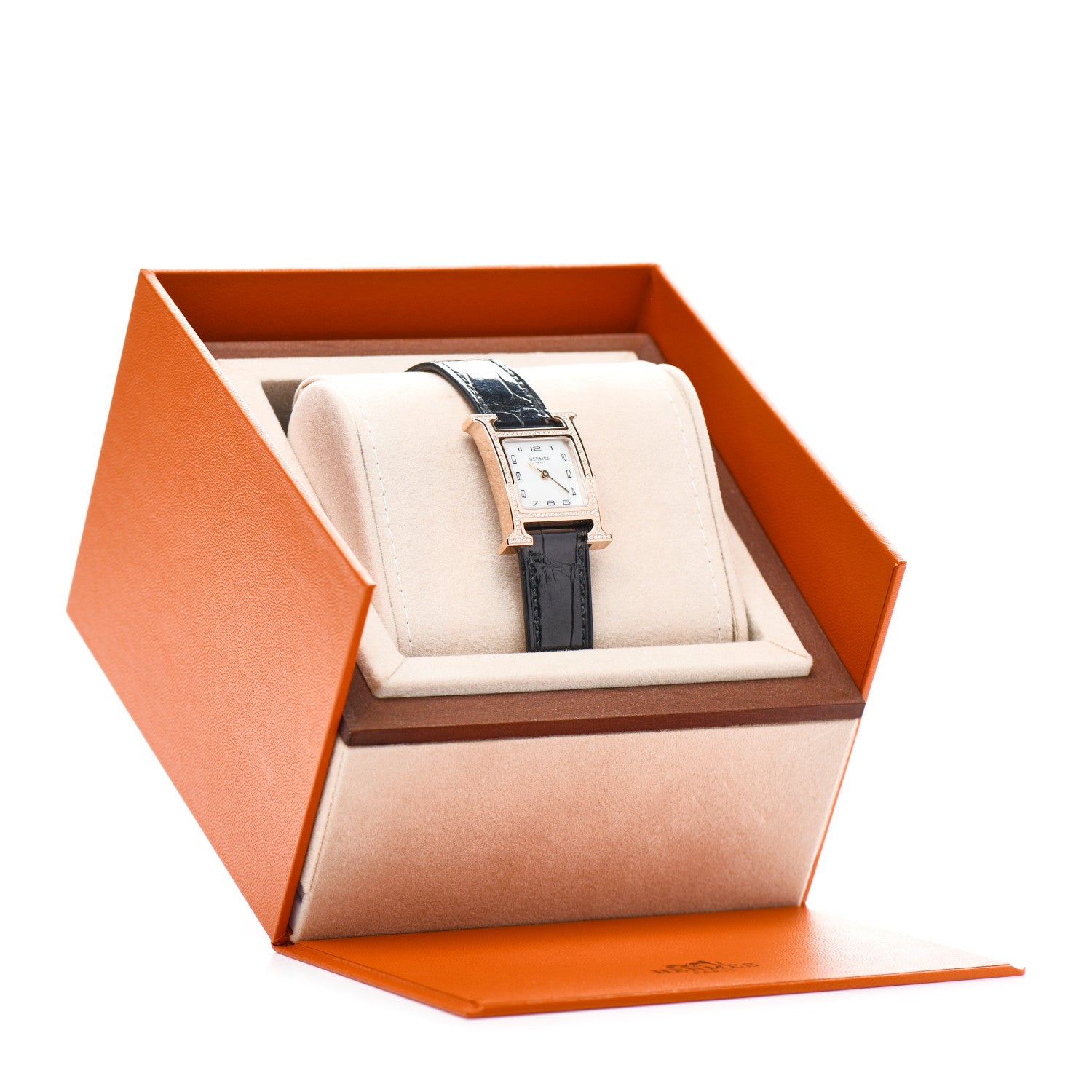 Hermes 18K Rose Gold Alligator Diamond Bezel Mother of Pearl 21mm Heure H Hour Quartz Watch Noir 5 of 5