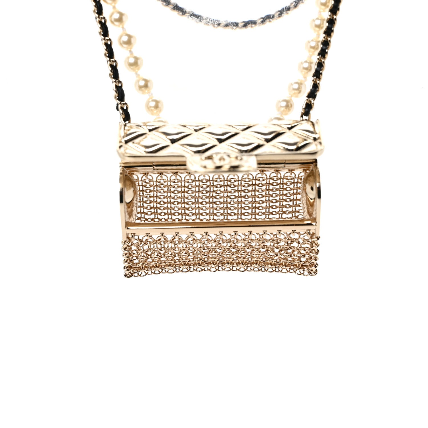 Chanel Metal Lambskin Pearl Chain Flap Bag Long Necklace Gold Black Pearly White 4 of 5