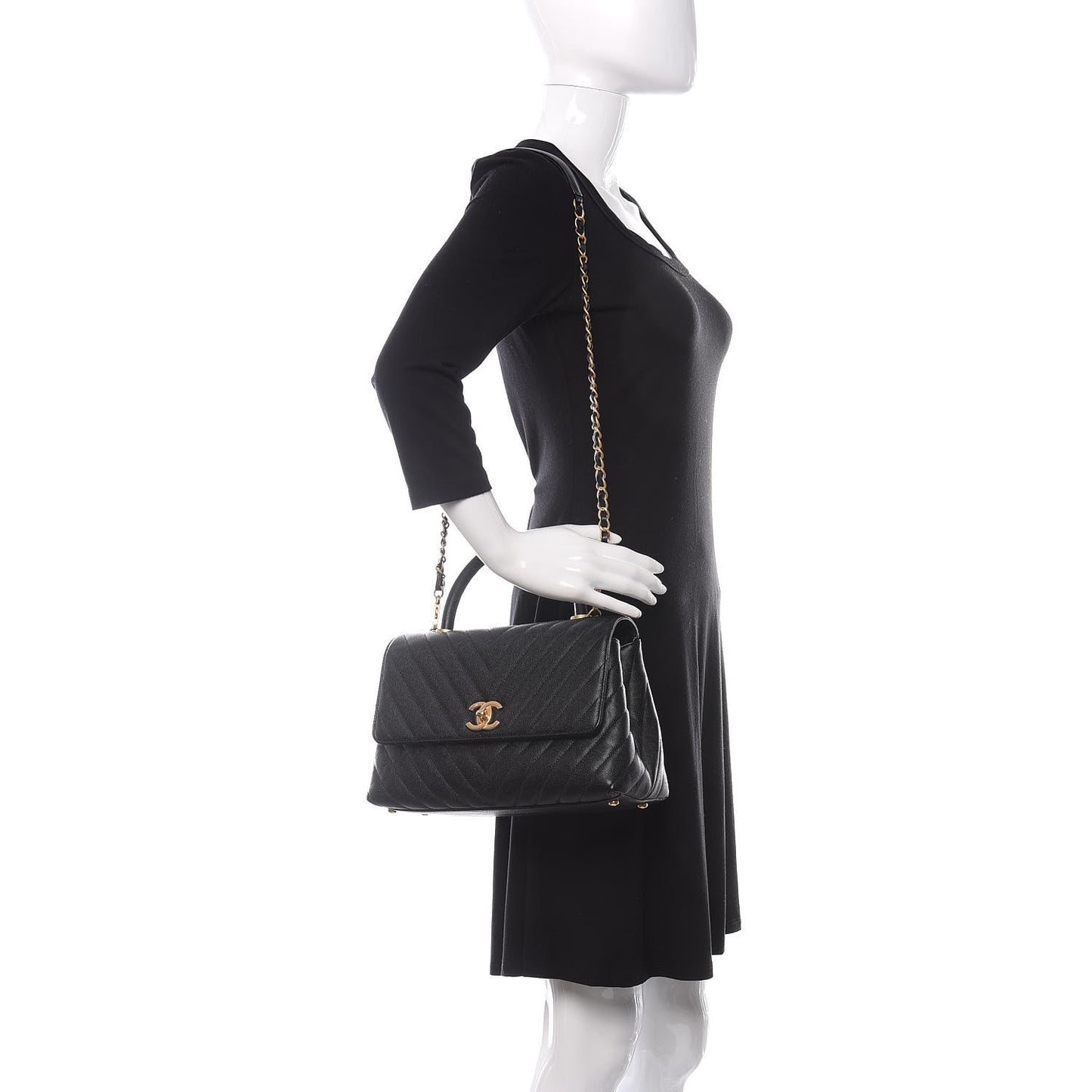 Caviar Chevron Quilted Small Coco Handle Flap Black