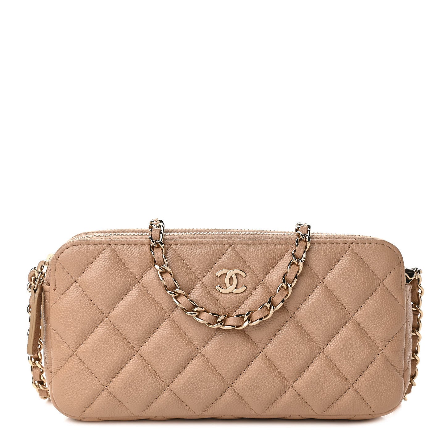 Caviar Quilted Small Clutch With Chain Beige