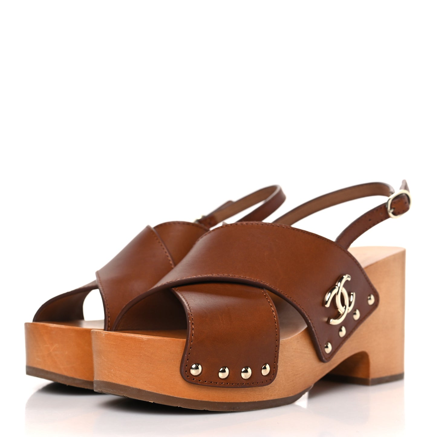 Calfskin Studded Slingback Clog Sandals 37 Dark Brown