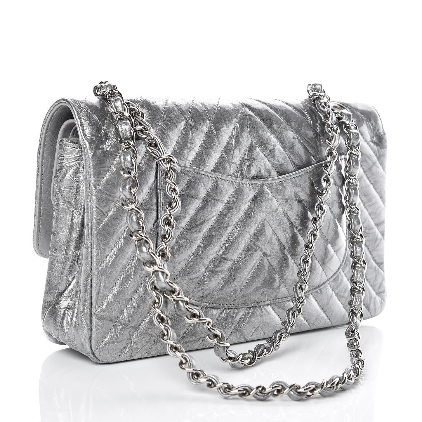 Metallic Crumpled Patent Chevron Quilted Medium Double Flap Silver