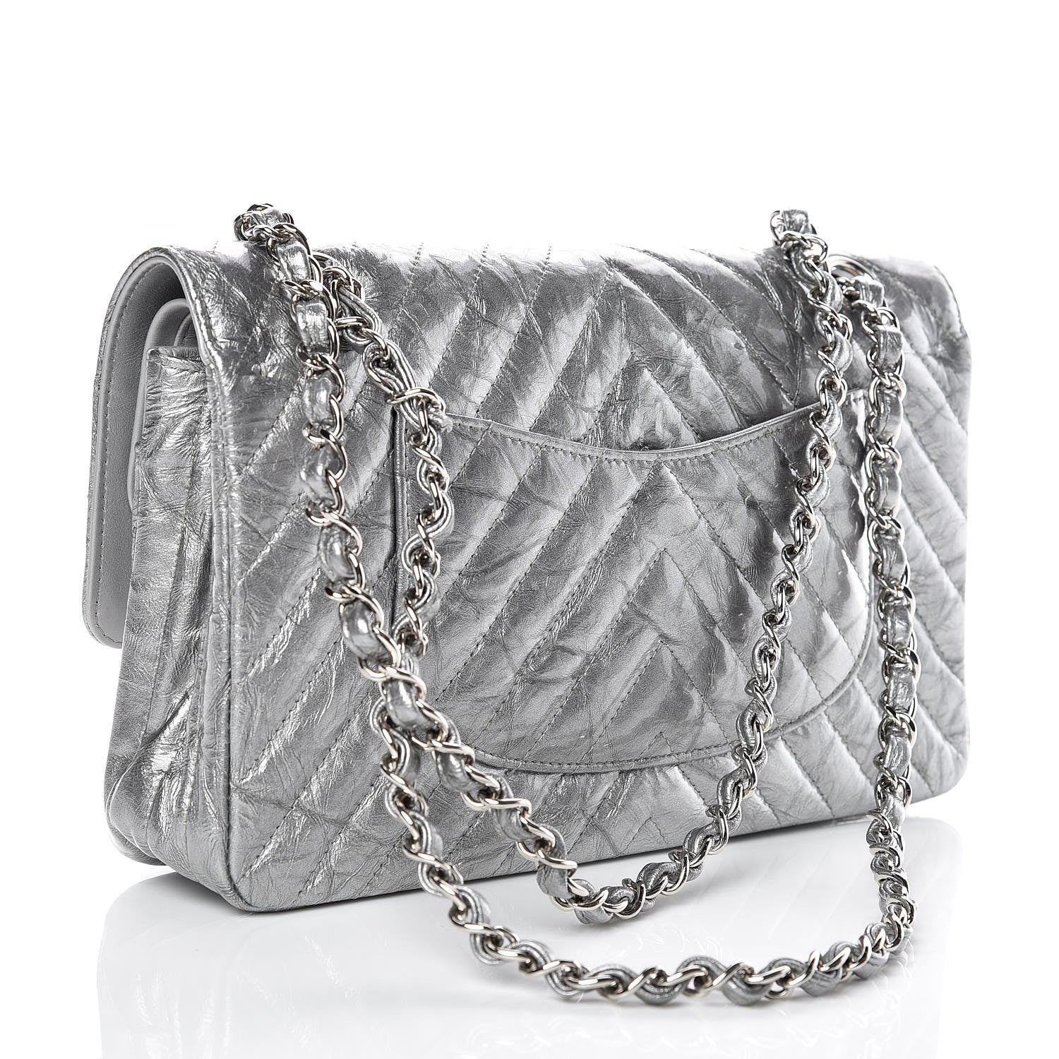 Chanel Metallic Crumpled Patent Chevron Quilted Medium Double Flap Silver 3 of 9
