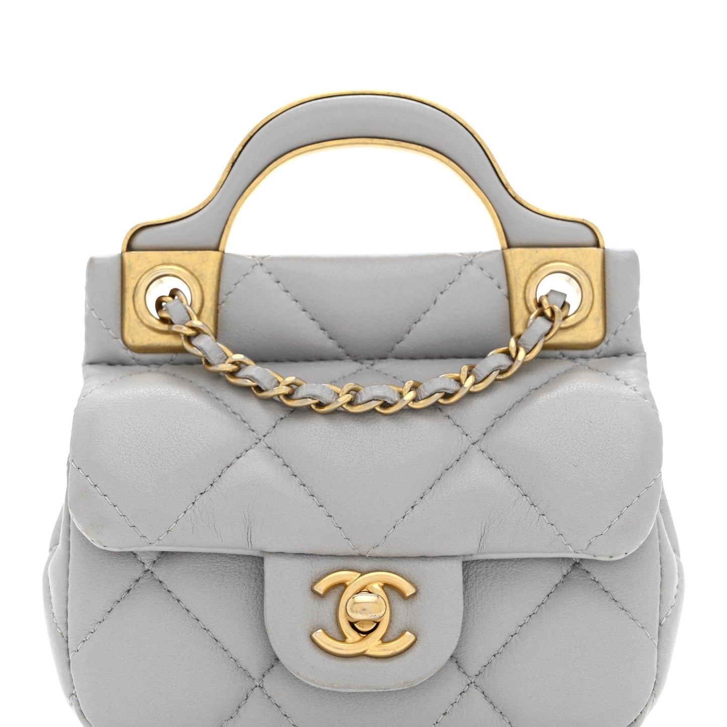 Calfskin Quilted Lady Handle Flap Card Holder With Chain Grey