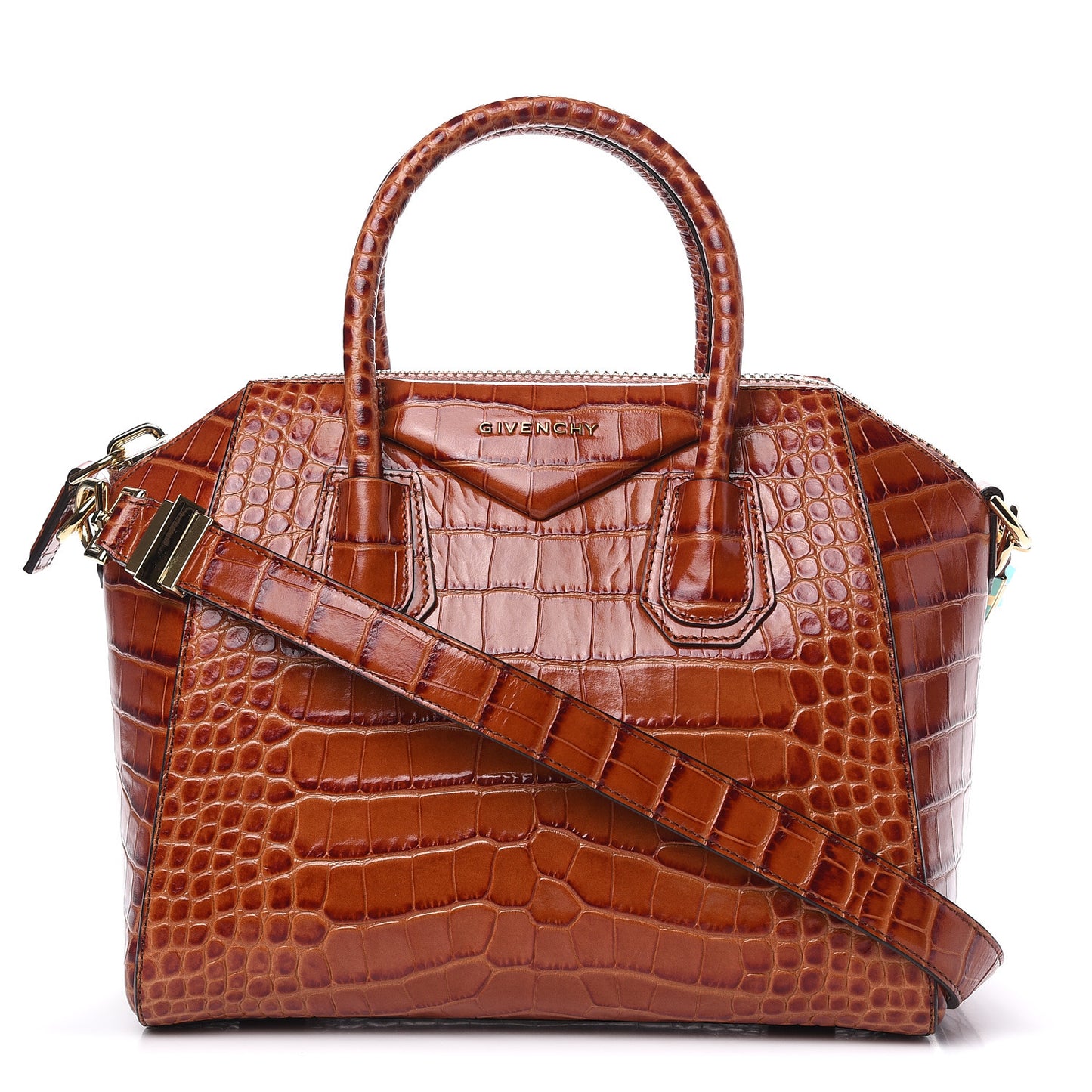 Calfskin Crocodile Embossed Small Antigona Cognac